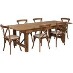 B Rustic Farm Table Set with 6 Cross Back Chairs and Burlap Cushions - Rustic Farm Table Set with 6 Cross Back Chairs and Burlap Cushions