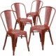 B Rustic Farm Table Set with 6 Cross Back Chairs and Burlap Cushions - Bistro Cafe Chair Distressed Brick Red Metal
