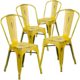 B Rustic Farm Table Set with 6 Cross Back Chairs and Burlap Cushions - Bistro Cafe Chair Distressed Yellow Metal